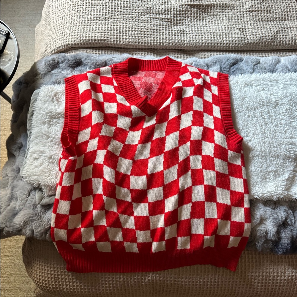 Red and White Checkered Men's Sweater Vest